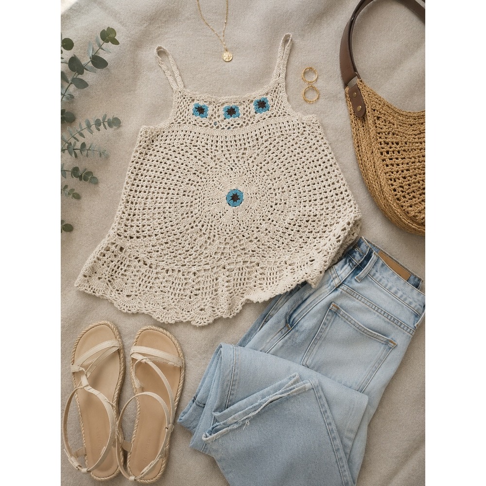 One Step Up Crochet Boho Tank Top Cream Blue Floral Ramie Cotton XL